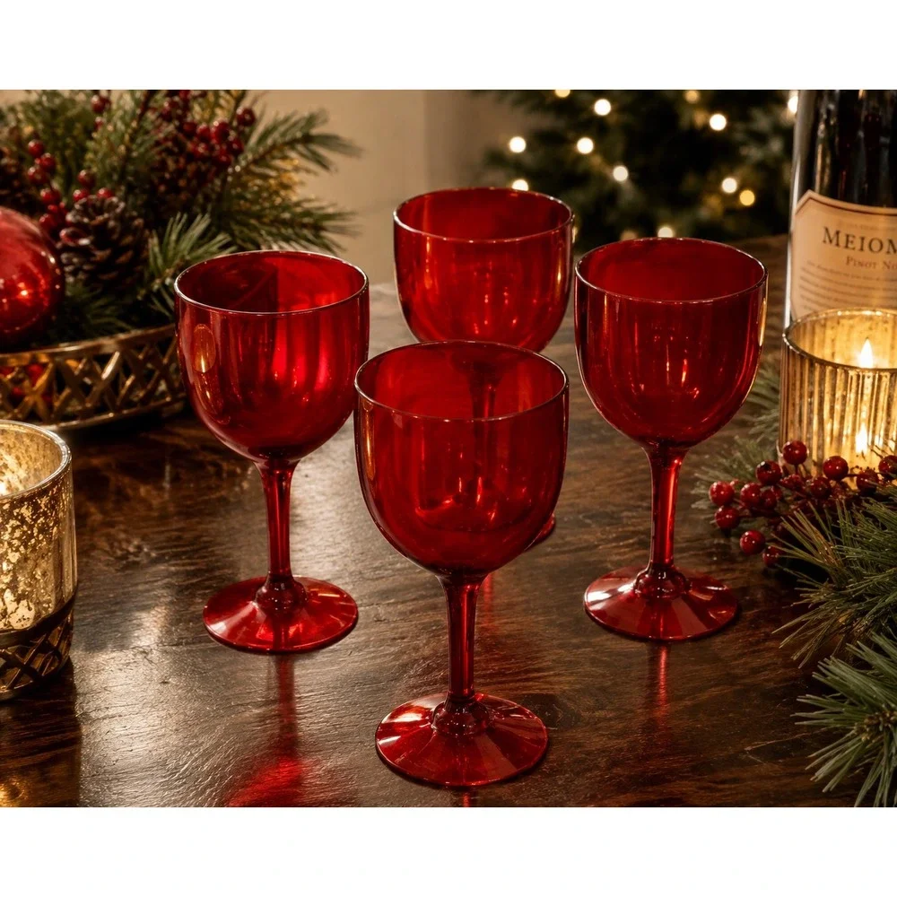 Retro Red Acrylic Wine Glasses Set of 4 Christmas Holiday Goblets Ruby Red Sz 7